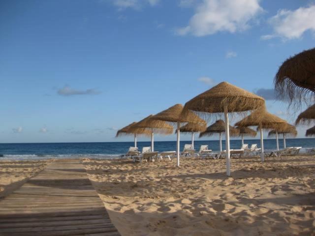 卢斯Casa da Praia | Luz Beach的海滩上的一把稻草遮阳伞和椅子