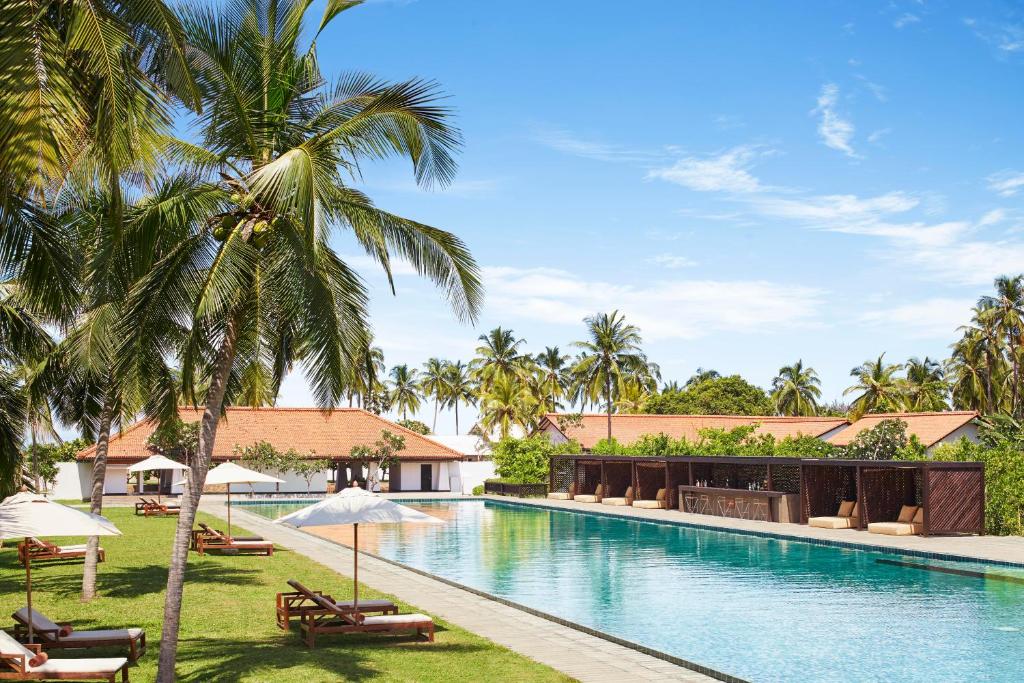 尼甘布Jetwing Lagoon的度假村的游泳池拥有棕榈树和遮阳伞
