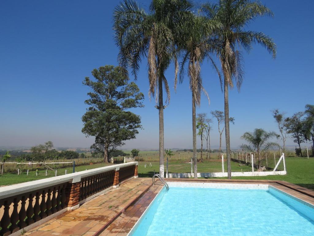 皮拉西卡巴Chacara Samambaia的一座棕榈树环绕的游泳池