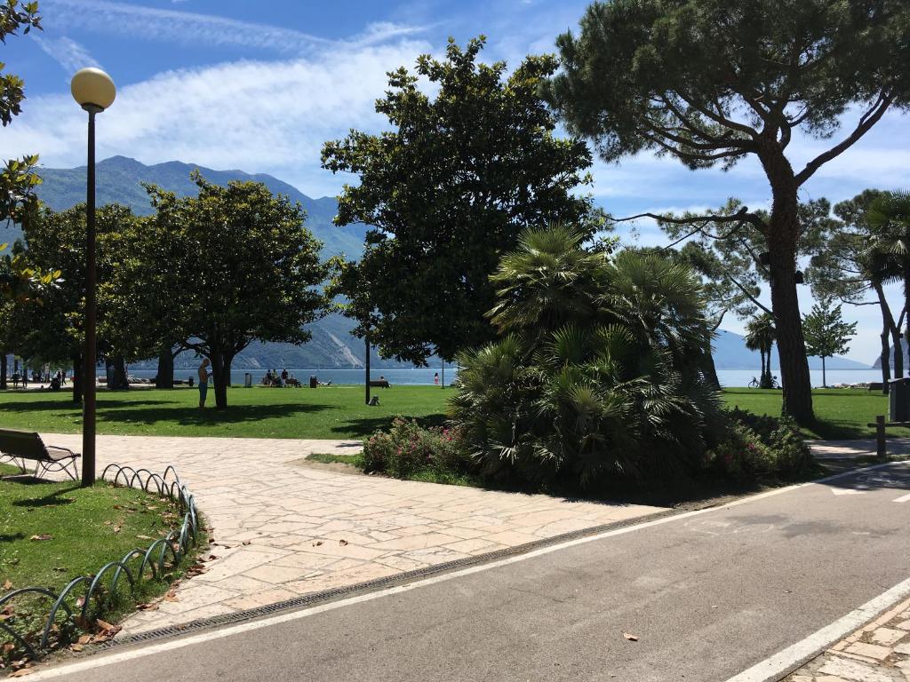 加尔达湖滨Appartamento al Lago的一条有树木和街灯的公园的街道