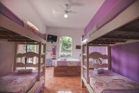 帕拉蒂Pousada Casa do Rio Hostel - 8 min do Centro Hístorico - Passeio de Barco com saída da Pousada -Pago a parte- Perto das Praias e Beira Rio的紫色墙壁客房内的两张双层床