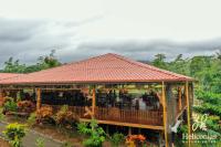 福尔图纳Hotel Heliconias Nature Inn &amp; Hot Springs的鲜花盛开的花园中的凉亭