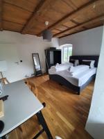 VilligenHotel zum Hirschen的一间大卧室,配有两张床和一张桌子