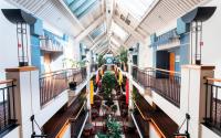 魁北克市Hôtel Lindbergh par JARO的一座空荡荡的建筑，里面有桌子和植物