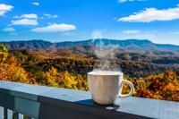 加特林堡Barenberg Cabin - Secluded Unobstructed Panoramic Smoky Mountains View with Two Master Suites, Loft Game Room, and Hot Tub的坐在阳台的顶端的咖啡杯