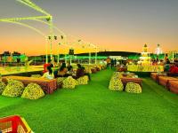 迪拜Overnight Chalet Campsite best for Couples Friends Parties and Overnight Event的一群人坐在长椅上,拿着婚饼