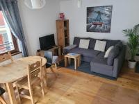 夏蒙尼-勃朗峰Cham&#39;Heart, 4-star apartments in Chamonix centre with free private parking的带沙发和桌子的客厅