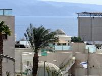 埃拉特shohamseaview的棕榈树在一座有海洋的建筑前