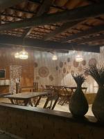 帕拉蒂Villa Tiê Paraty的摆放着桌椅和盆栽的餐厅