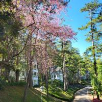 大叻Lan Anh Villas Resort的路中间有树的房子