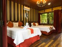 福尔图纳Hotel Heliconias Nature Inn &amp; Hot Springs的一间有两张床和一盏枝形吊灯的卧室