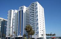 默特尔比奇Club Regency at Regency Towers的一座巨大的白色建筑，前面有棕榈树