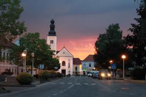 ZačretjeApartment Lucia的街道上一座教堂,教堂上设有钟楼