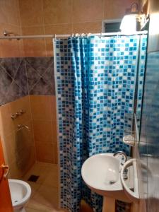 拉里奥哈Hotel Las Moras的一间带水槽、卫生间和淋浴的浴室