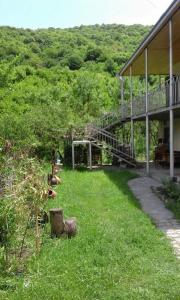 AnanuriMarine's Guest House的草上有楼梯的房子的院子