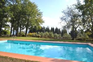 基安蒂格雷夫Agriturismo Testalepre的一座绿树成荫的庭院中的蓝色游泳池