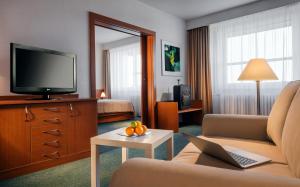俄斯特拉发俄斯特拉发克拉丽奥酒店的一间配备有沙发及电视的酒店客房