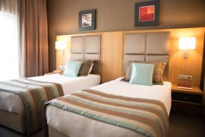 艾登Efeler Hotel的酒店客房设有两张床和窗户。