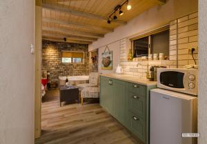 提比里亚Dream Cabin的一间厨房,配有绿色的橱柜和微波炉