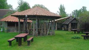 MammasteTammeKännu Kämpingud的公园内带野餐桌和长凳的凉亭
