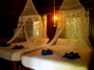 涛岛龟岛皇家度假酒店的配有蚊帐的客房内的两张床