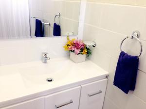 埃尔利海滩Paradise Court Holiday Units的浴室设有白色水槽和蓝色毛巾。
