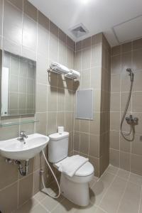 塞尔蓬宾塔罗阿斯特拉酒店的浴室配有卫生间、盥洗盆和淋浴。