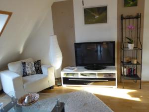 DassowOstseeferienwohnung Storchennest的客厅配有电视和白色沙发。
