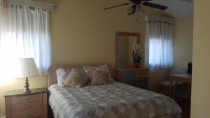 Glenhaven湖泊广场度假酒店的一间卧室配有一张床和吊扇