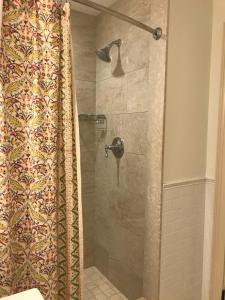 旧莱姆老莱姆宾馆的带淋浴和浴帘的浴室
