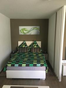 奥格斯堡市长公寓的一间卧室配有一张带 ⁇ 子毯子的床