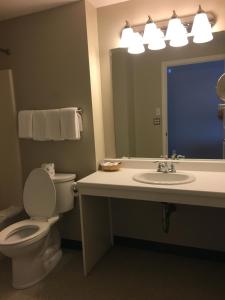 约克海滩Cutty Sark Motel的一间带卫生间、水槽和镜子的浴室
