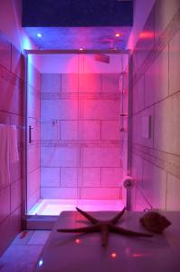 莫尔恰诺迪莱乌卡B&B Anemos的浴室设有粉红色的灯光和带浴缸的淋浴。