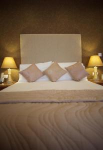 埃尔金莱施莫雷酒店的一张大床,上面有四个枕头,有两个灯