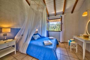 朗戈斯Glyfada Beach Villas的一间卧室设有蓝色的床和窗户。