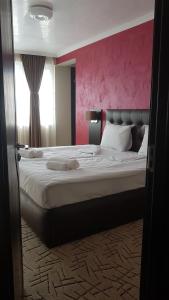 阿塞诺夫格勒Central Guest Rooms的一间卧室配有一张带粉红色墙壁的大床