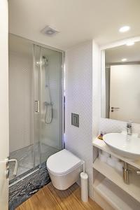 波尔图Chaves do Porto的带淋浴、卫生间和盥洗盆的浴室