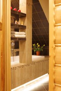 什恰夫尼察Luxdomki的浴室配有盥洗盆、淋浴和毛巾