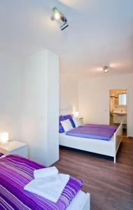 埃森伯纳诺特住宿加早餐旅馆的紫色床单的客房内的两张床
