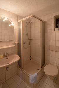 基希海姆Hotel Erfurter Kreuz的带淋浴、卫生间和盥洗盆的浴室