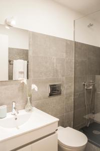 波尔图Zelije Apartments Trindade的一间带水槽、卫生间和镜子的浴室