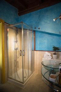 CollepassoTerra di Mezzo的带淋浴的浴室和玻璃桌
