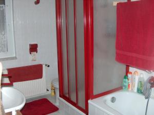 施马尔卡尔登Ferienwohnung Trollmann的一间带红色淋浴帘和水槽的浴室