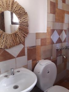 普尔马马尔卡Hosteria La Pushka的一间带卫生间、水槽和镜子的浴室