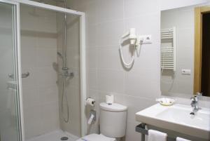 阿尔马登宝石酒店的带淋浴、卫生间和盥洗盆的浴室