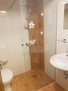 KrižeGostišče Smuk的带淋浴、卫生间和盥洗盆的浴室
