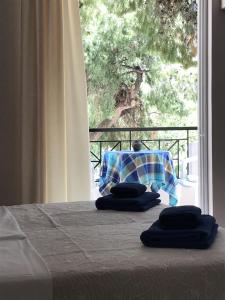 卢特拉艾季普苏Calypso Beach Hotel的一张带两个枕头的床和窗户
