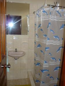 普拉亚斯Sol de Playa的浴室设有淋浴帘和海豚