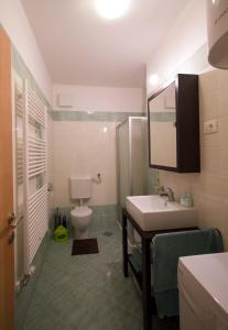 博维茨Apartment Montis Bovec的一间带卫生间、水槽和镜子的浴室