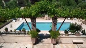 加达湖畔帕登赫B&B Posserle的一座种植了树木和盆栽植物的游泳池
